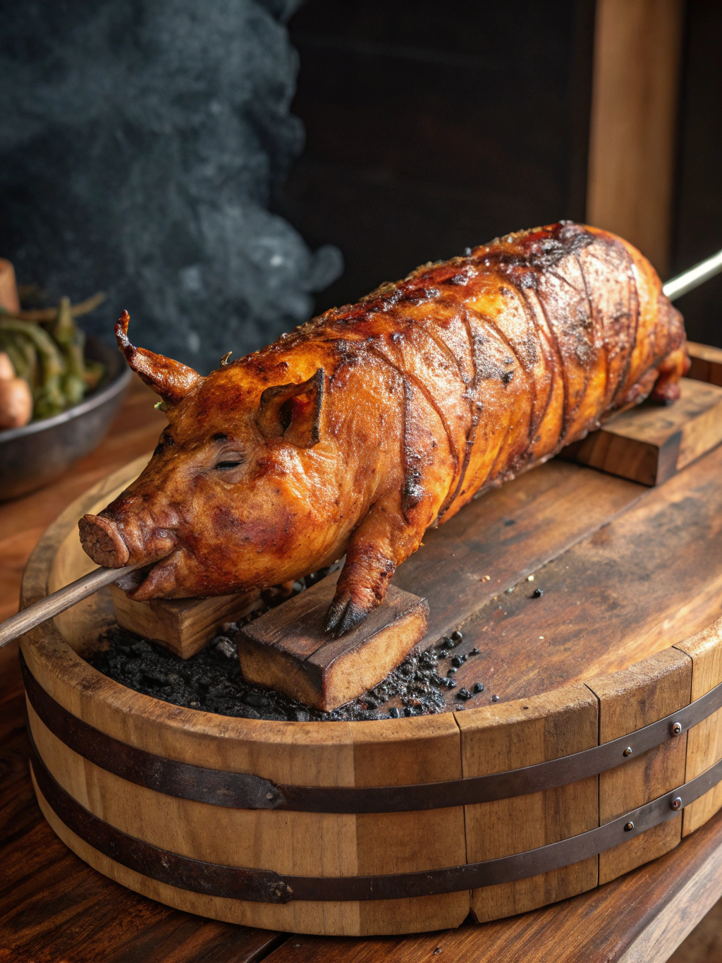 Golden brown roasted pig served on a traditional platter