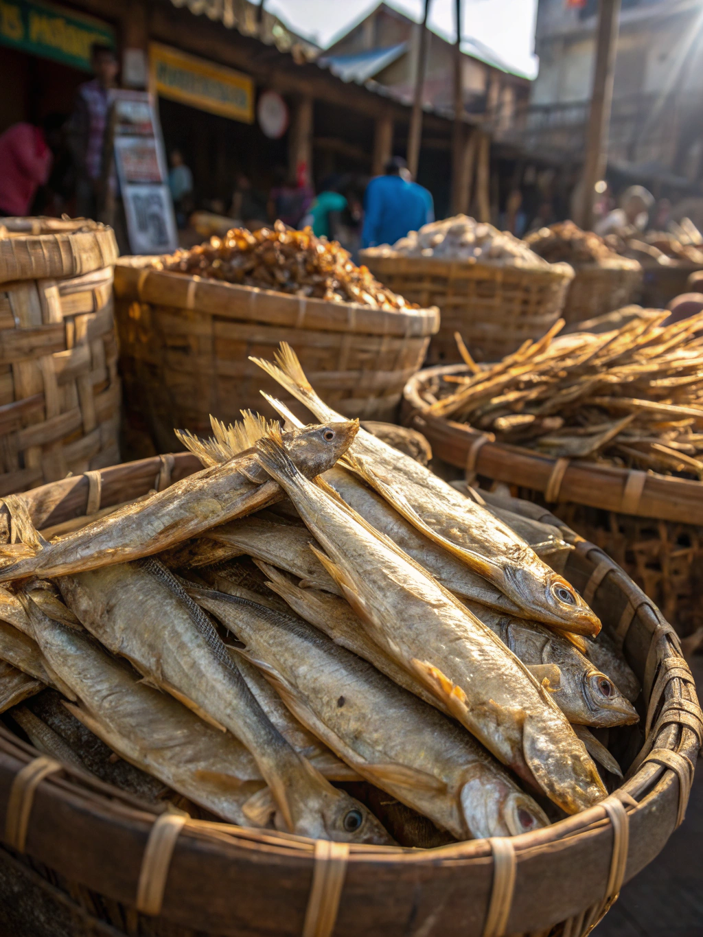 Sun-dried fish arranged on woven bamboo mats