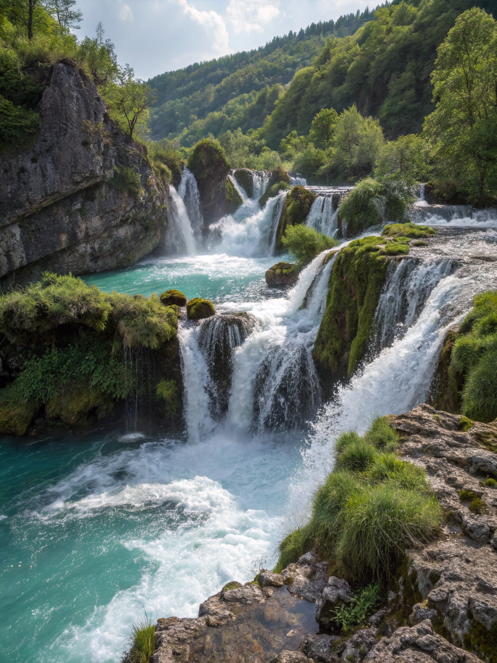 Turquoise waters cascading over limestone cliffs in Cebu