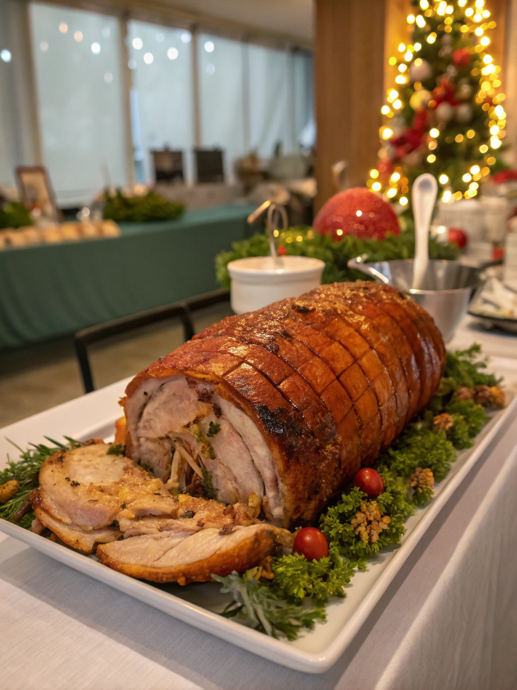 Golden roasted lechon skin with crisp texture