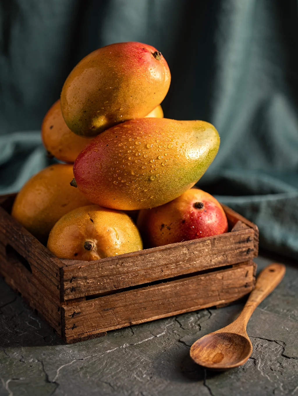Fresh yellow mangoes with dew drops on skin