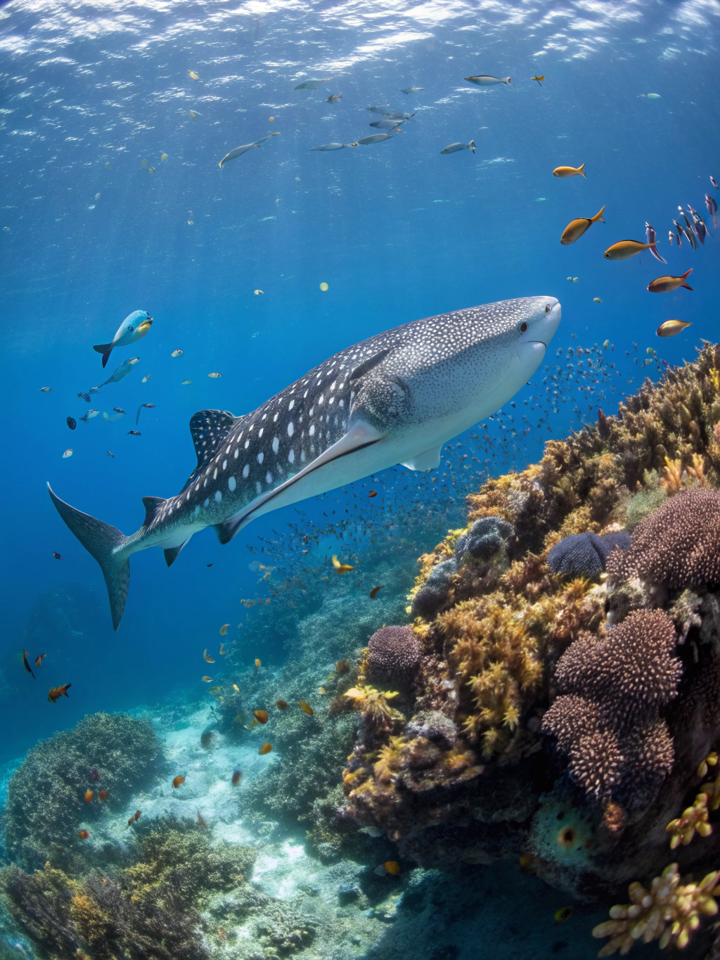 Whale shark swimming in clear blue ocean waters