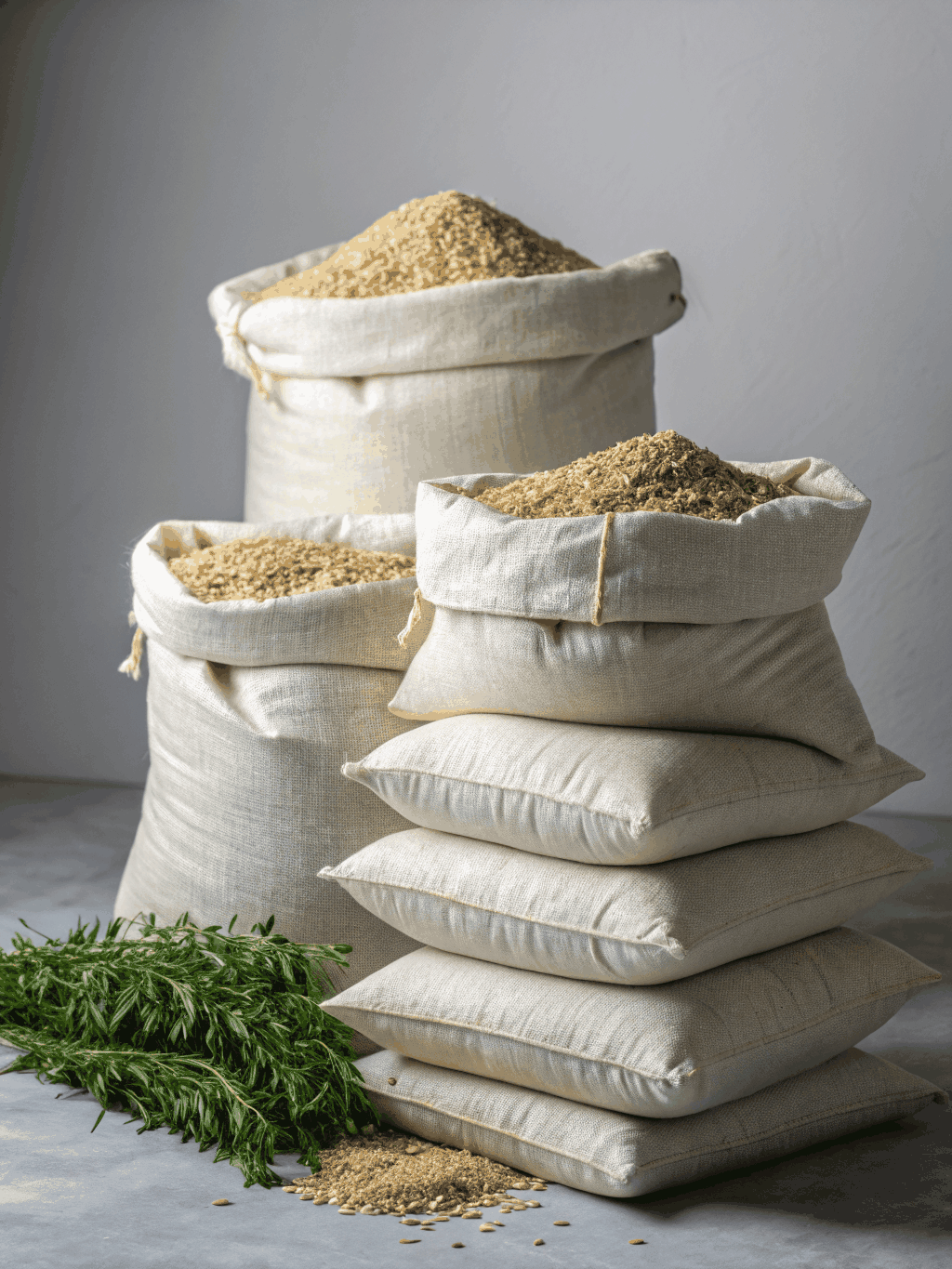Hand-woven palm leaf rice pouches stacked high