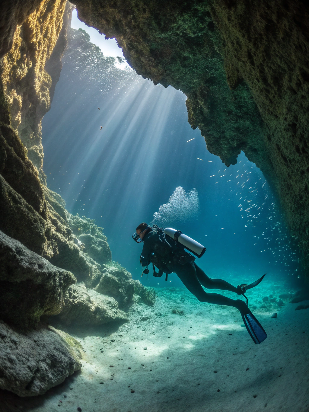 Diver exploring the underwater caves of Cebu