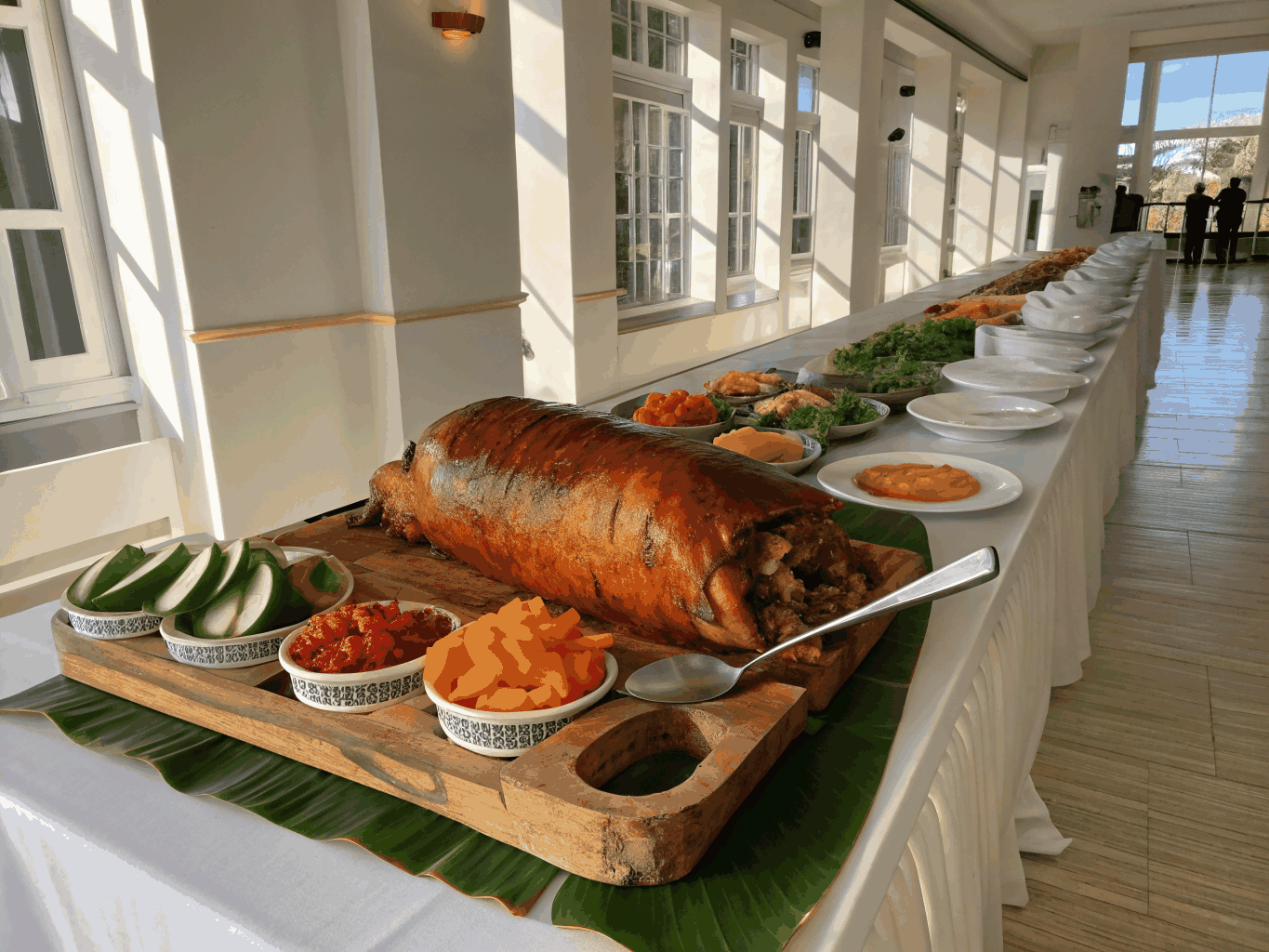 Traditional Cebuano lechon feast spread
