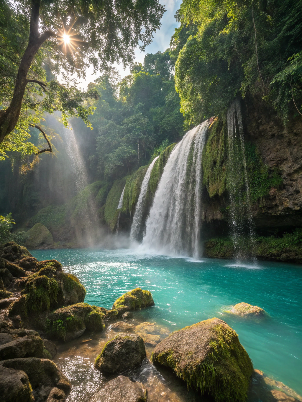 Cascading turquoise waters of Kawasan Falls surrounded by lush jungle