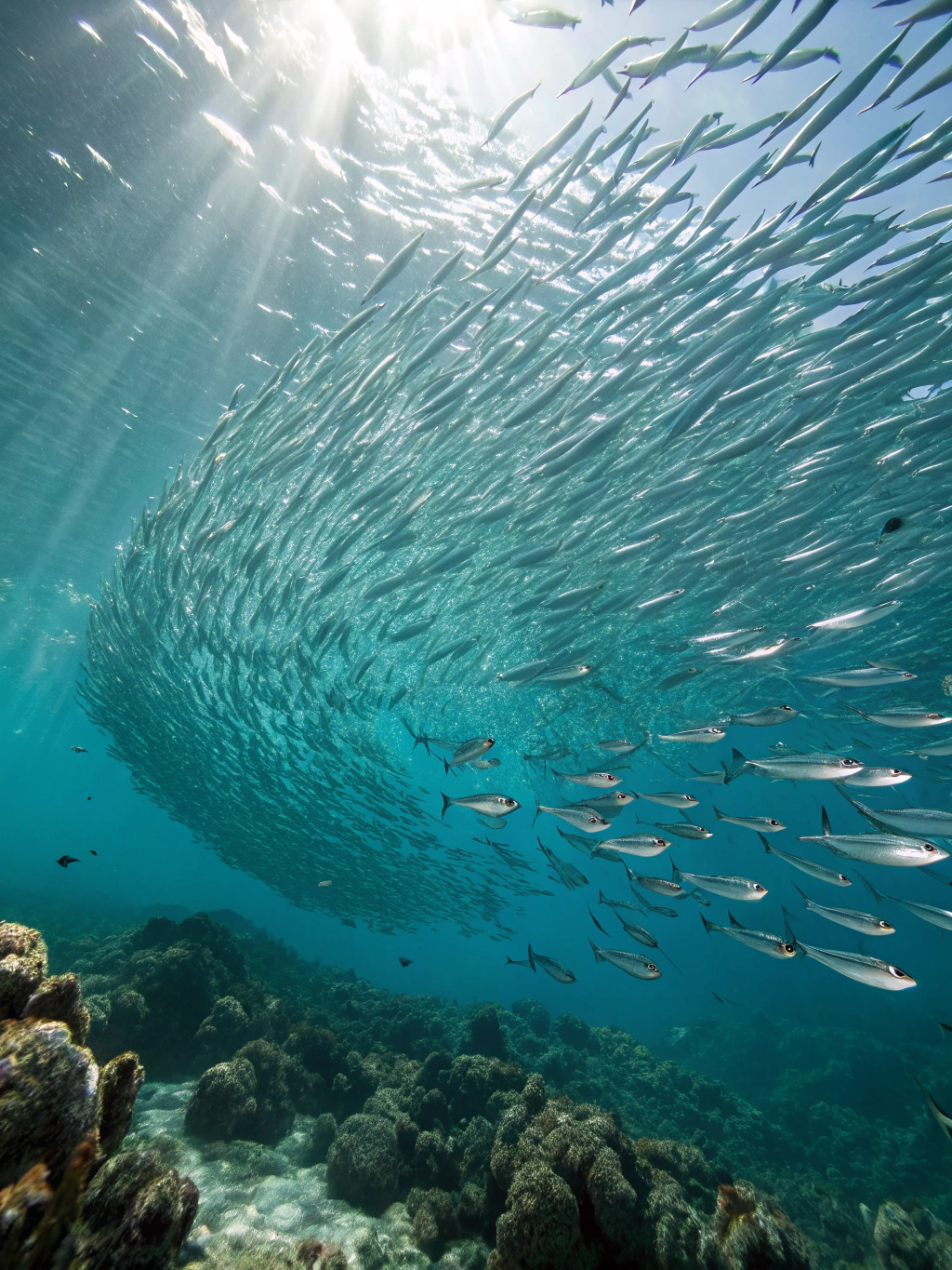 Millions of sardines forming a bait ball in Moalboal