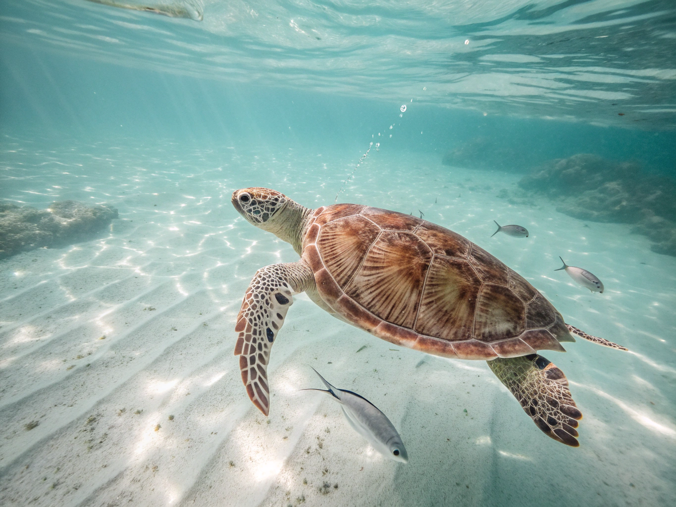 A sea turtle gliding through clear blue waters