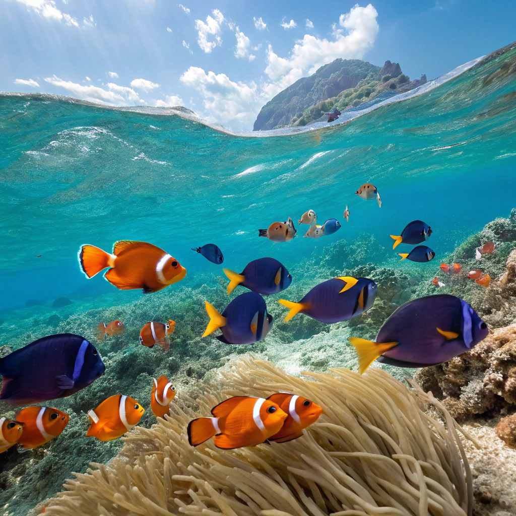 School of colorful tropical fish near the reef