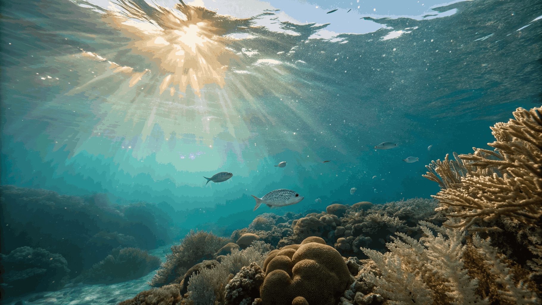 Sunlight piercing through the ocean surface