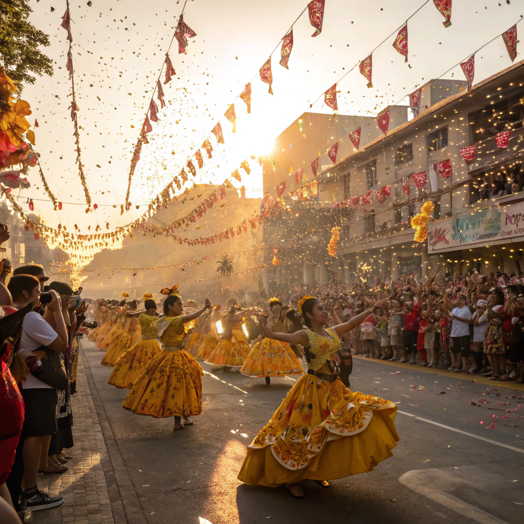 Dancers in colorful traditional attire performing at the Sinulog festival