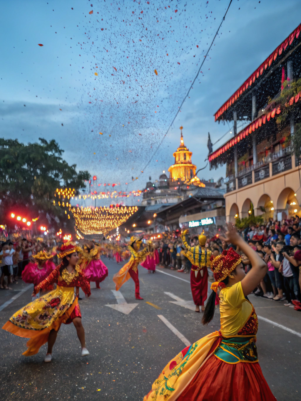 Dancers in traditional colorful attire performing the rhythmic Sinulog step